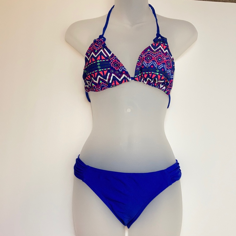 *California Waves New Royal Blue Aztec Print Triangle Top w/ Small Bottoms A71
